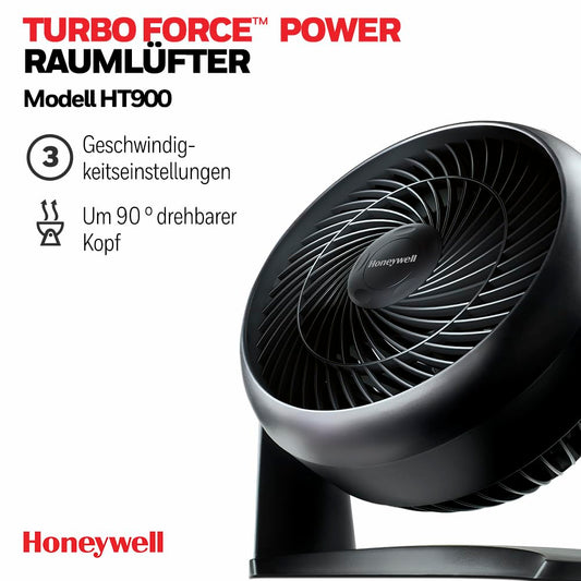 Honeywell TurboForce Turbo-Ventilator (Geräuscharme Kühlung, verstellbarer Neigungswinkel bis zu 90°, 3 Geschwindigkeitseinstellungen, Wandmontage, Tischventilator) HT900E, Schwarz