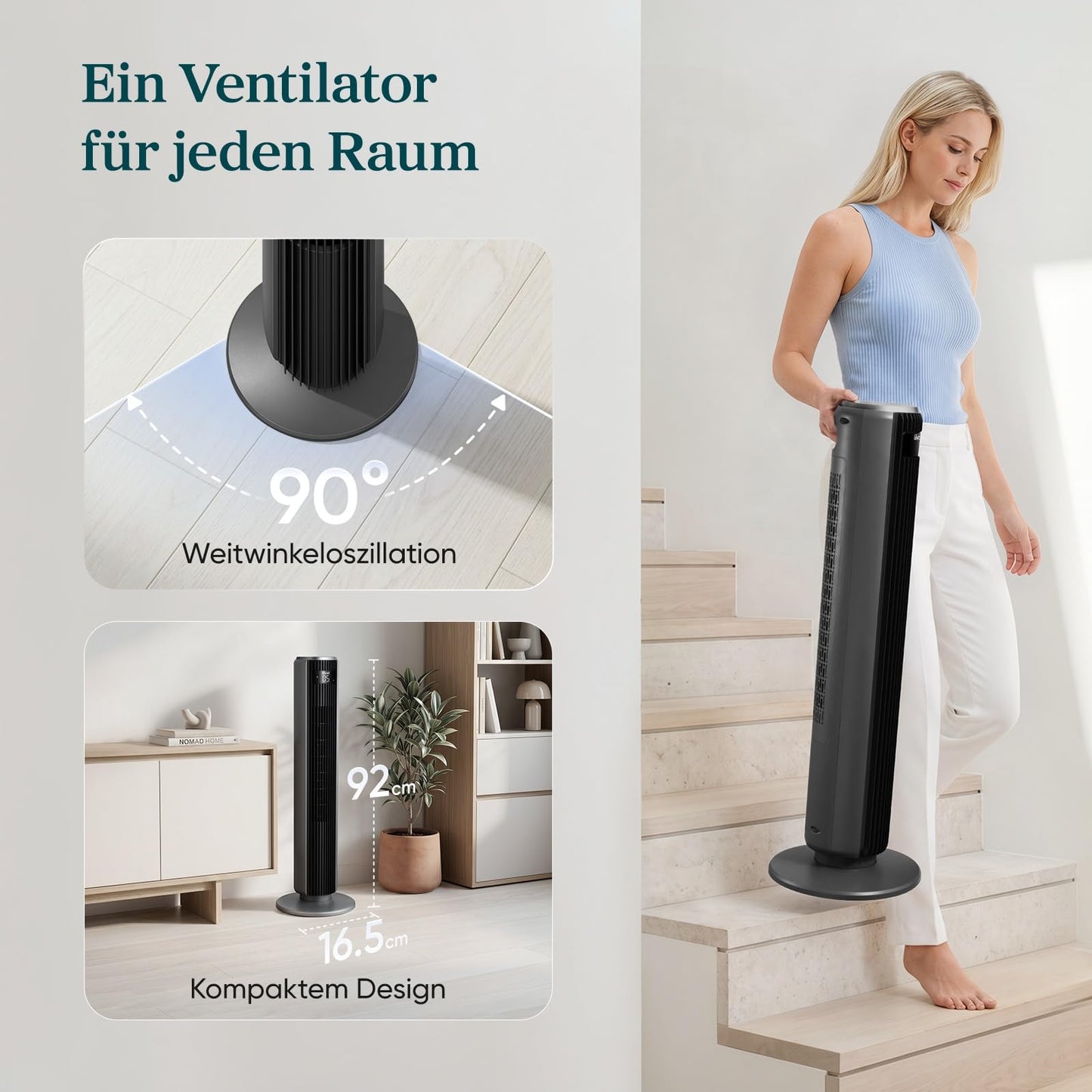 Levoit Leiser Ventilator mit Kühlung - Turmventilator mit Fernbedienung - Oszillierender Säulenventilator mit Fortschrittlichem Schlafmodus - 5 Geschwindigkeiten 4 Modi 12 Std Timer - Mattgrau 92 cm