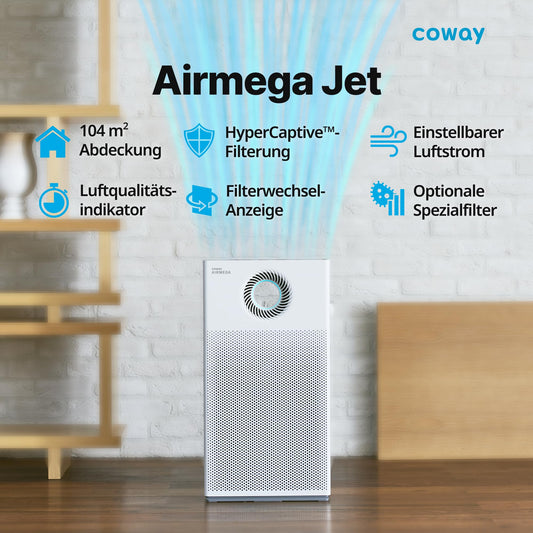 COWAY Luftreiniger Allergiker – mit MegaJet-Luftstrom vorn/oben, entfernt 99,999 % der Partikel bis 0,01 µm, ECARF-geprüft, für Pollen, Staub & Tierhaare, CADR 402 m³/h – AIRMEGA JET