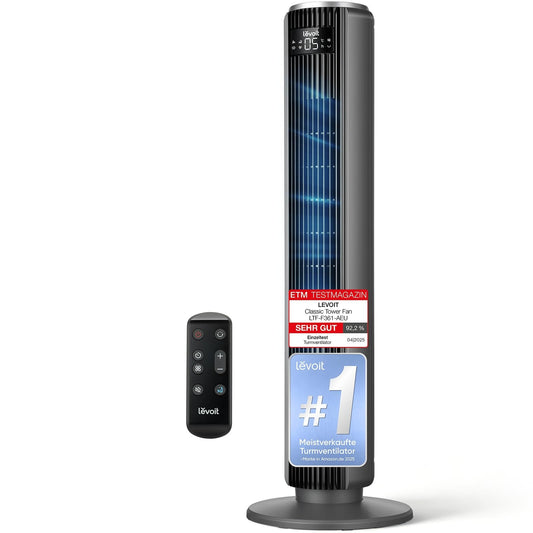 Levoit Leiser Ventilator mit Kühlung - Turmventilator mit Fernbedienung - Oszillierender Säulenventilator mit Fortschrittlichem Schlafmodus - 5 Geschwindigkeiten 4 Modi 12 Std Timer - Mattgrau 92 cm
