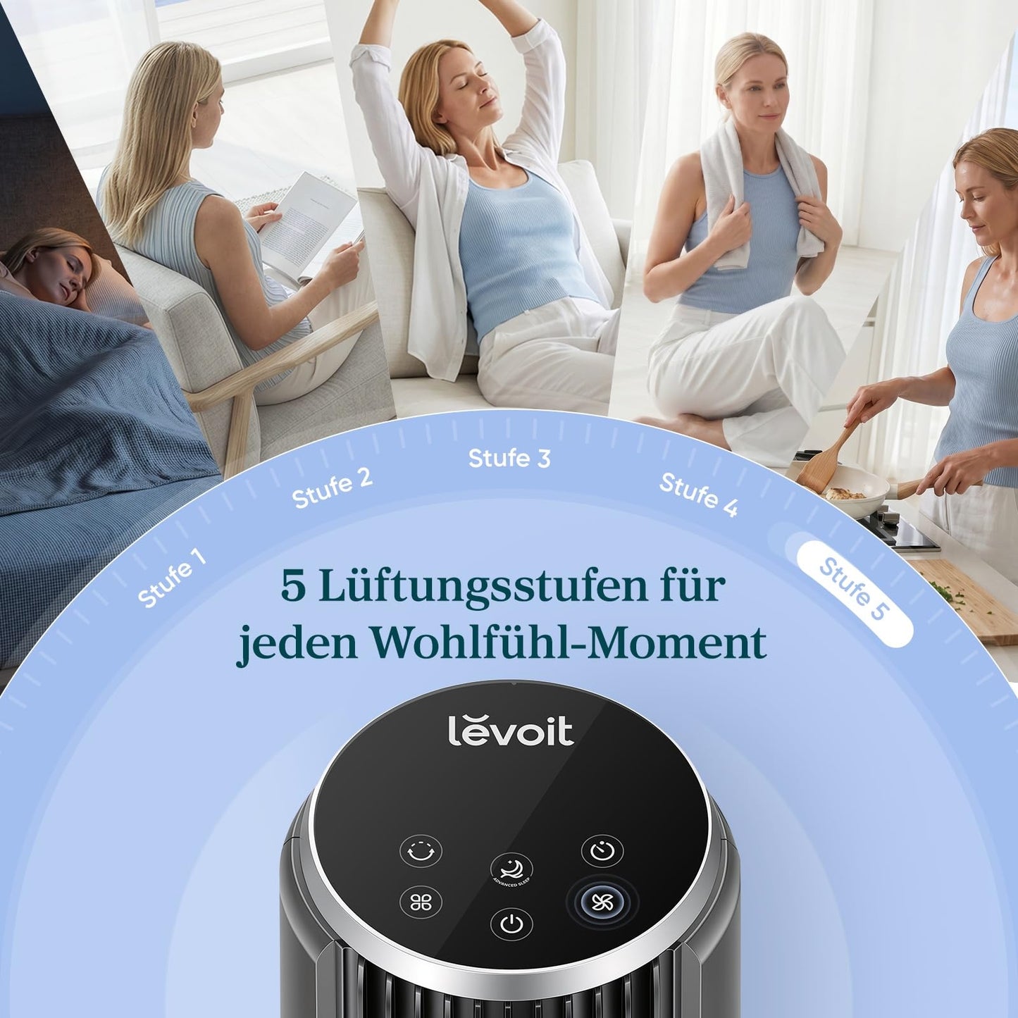 Levoit Leiser Ventilator mit Kühlung - Turmventilator mit Fernbedienung - Oszillierender Säulenventilator mit Fortschrittlichem Schlafmodus - 5 Geschwindigkeiten 4 Modi 12 Std Timer - Mattgrau 92 cm
