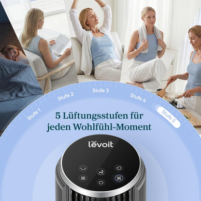 Levoit Leiser Ventilator mit Kühlung - Turmventilator mit Fernbedienung - Oszillierender Säulenventilator mit Fortschrittlichem Schlafmodus - 5 Geschwindigkeiten 4 Modi 12 Std Timer - Mattgrau 92 cm