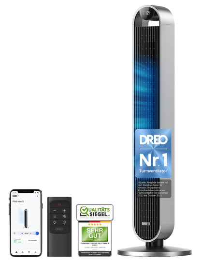 DREO Smart Turmventilator Sehr Leise, 120° Oszillierender Ventilator mit Kühlung, 25dB Standventilator mit Fernbedienung für Schlafzimmer, 12 Geschwindigkeiten, 4 Modi, 12-Stund-Timer, Pilot Max S