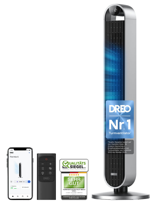 DREO Smart Turmventilator Sehr Leise, 120° Oszillierender Ventilator mit Kühlung, 25dB Standventilator mit Fernbedienung für Schlafzimmer, 12 Geschwindigkeiten, 4 Modi, 12-Stund-Timer, Pilot Max S