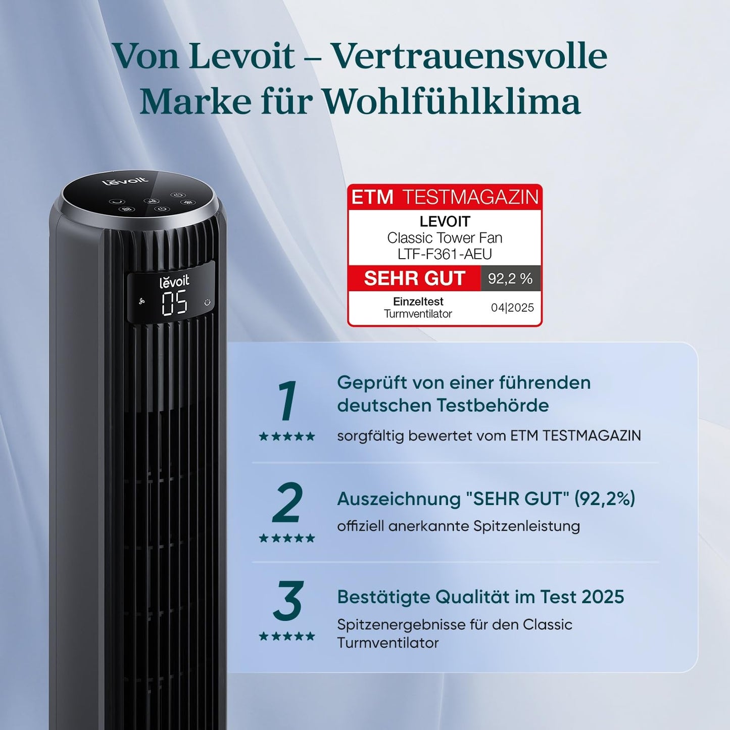 Levoit Leiser Ventilator mit Kühlung - Turmventilator mit Fernbedienung - Oszillierender Säulenventilator mit Fortschrittlichem Schlafmodus - 5 Geschwindigkeiten 4 Modi 12 Std Timer - Mattgrau 92 cm