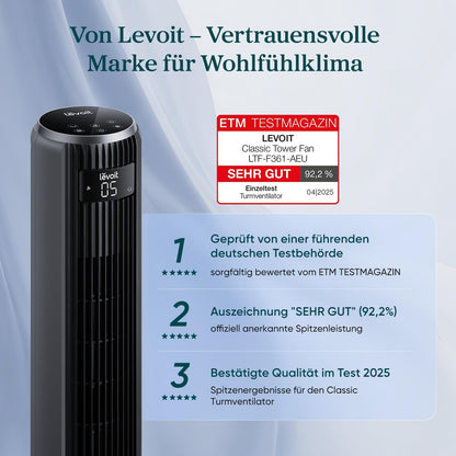 Levoit Leiser Ventilator mit Kühlung - Turmventilator mit Fernbedienung - Oszillierender Säulenventilator mit Fortschrittlichem Schlafmodus - 5 Geschwindigkeiten 4 Modi 12 Std Timer - Mattgrau 92 cm