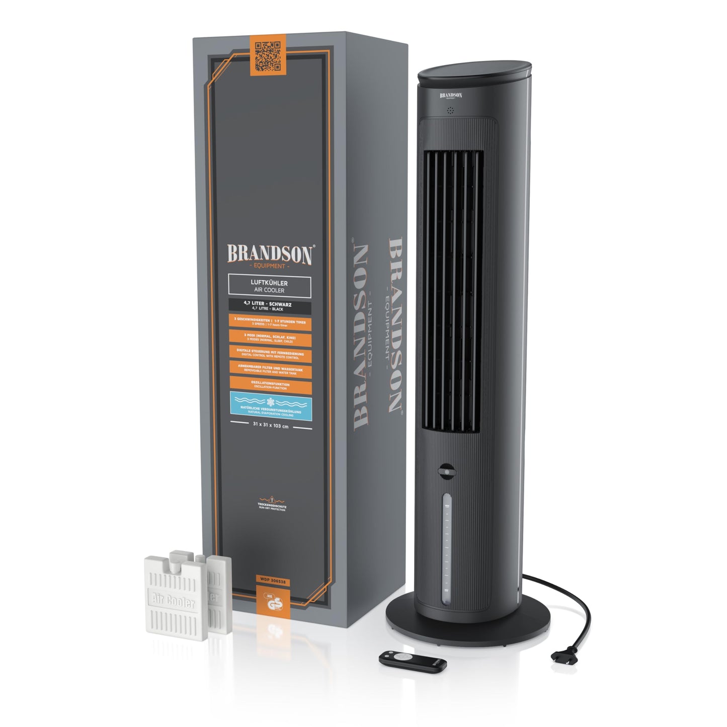 Brandson - Turmventilator mit Wasserkühlung - Preisträger 2026 - Verdunstungskühler - Luftkühler - Ventilator - mobile Klimaanlage ohne Abluftschlauch - 5 in 1 - leise - 4,7 L Wassertank - schwarz