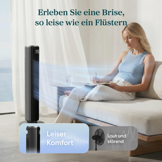 Levoit Leiser Ventilator mit Kühlung - Turmventilator mit Fernbedienung - Oszillierender Säulenventilator mit Fortschrittlichem Schlafmodus - 5 Geschwindigkeiten 4 Modi 12 Std Timer - Mattgrau 92 cm