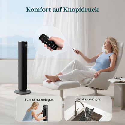 Levoit Leiser Ventilator mit Kühlung - Turmventilator mit Fernbedienung - Oszillierender Säulenventilator mit Fortschrittlichem Schlafmodus - 5 Geschwindigkeiten 4 Modi 12 Std Timer - Mattgrau 92 cm