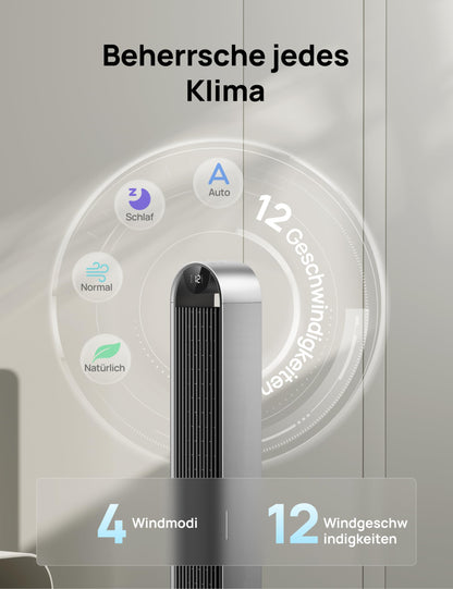 DREO Smart Turmventilator Sehr Leise, 120° Oszillierender Ventilator mit Kühlung, 25dB Standventilator mit Fernbedienung für Schlafzimmer, 12 Geschwindigkeiten, 4 Modi, 12-Stund-Timer, Pilot Max S