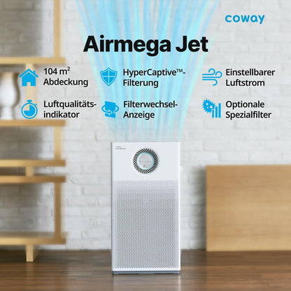 COWAY Luftreiniger Allergiker – mit MegaJet-Luftstrom vorn/oben, entfernt 99,999 % der Partikel bis 0,01 µm, ECARF-geprüft, für Pollen, Staub & Tierhaare, CADR 402 m³/h – AIRMEGA JET