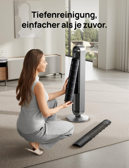 DREO Smart Turmventilator Sehr Leise, 120° Oszillierender Ventilator mit Kühlung, 25dB Standventilator mit Fernbedienung für Schlafzimmer, 12 Geschwindigkeiten, 4 Modi, 12-Stund-Timer, Pilot Max S