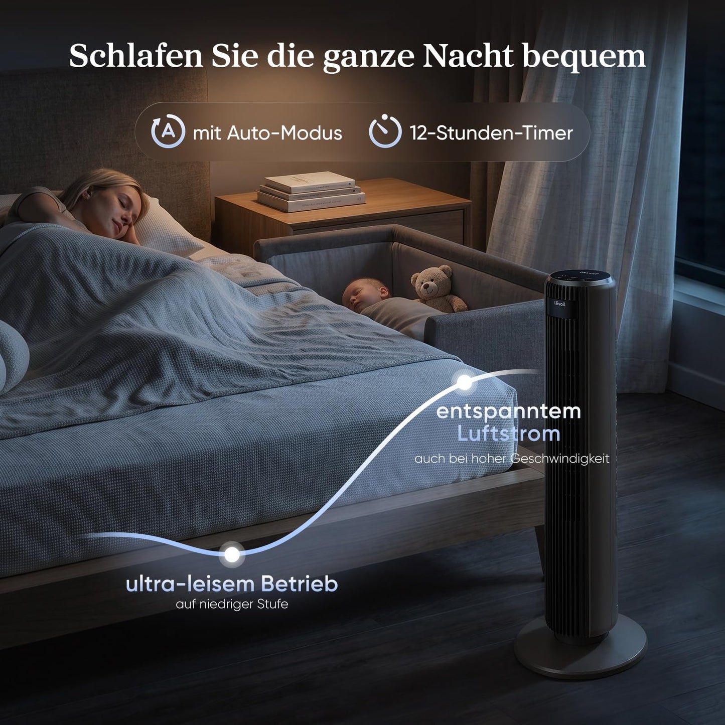 Levoit Leiser Ventilator mit Kühlung - Turmventilator mit Fernbedienung - Oszillierender Säulenventilator mit Fortschrittlichem Schlafmodus - 5 Geschwindigkeiten 4 Modi 12 Std Timer - Mattgrau 92 cm
