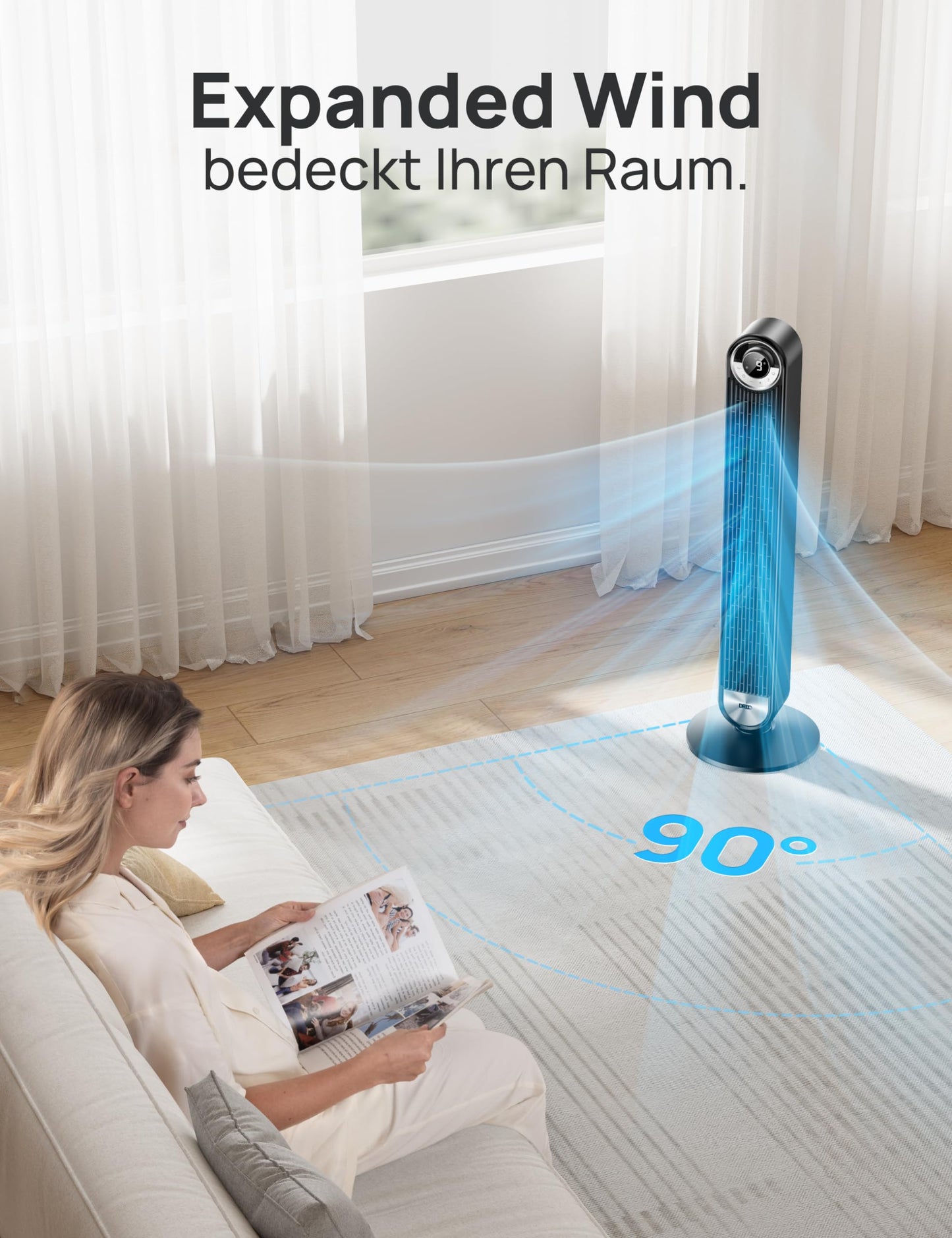 DREO 25 dB Leiser Smart Turmventilator, 106cm Höhe 4 Modi 9-Geschwindigkeit Max 7,9m/s 12H Timer 90° Oszillierender Ventilator mit Fernbedienung Sprachsteuerung Kühlung, Cruiser Pro T2S, Schwarz