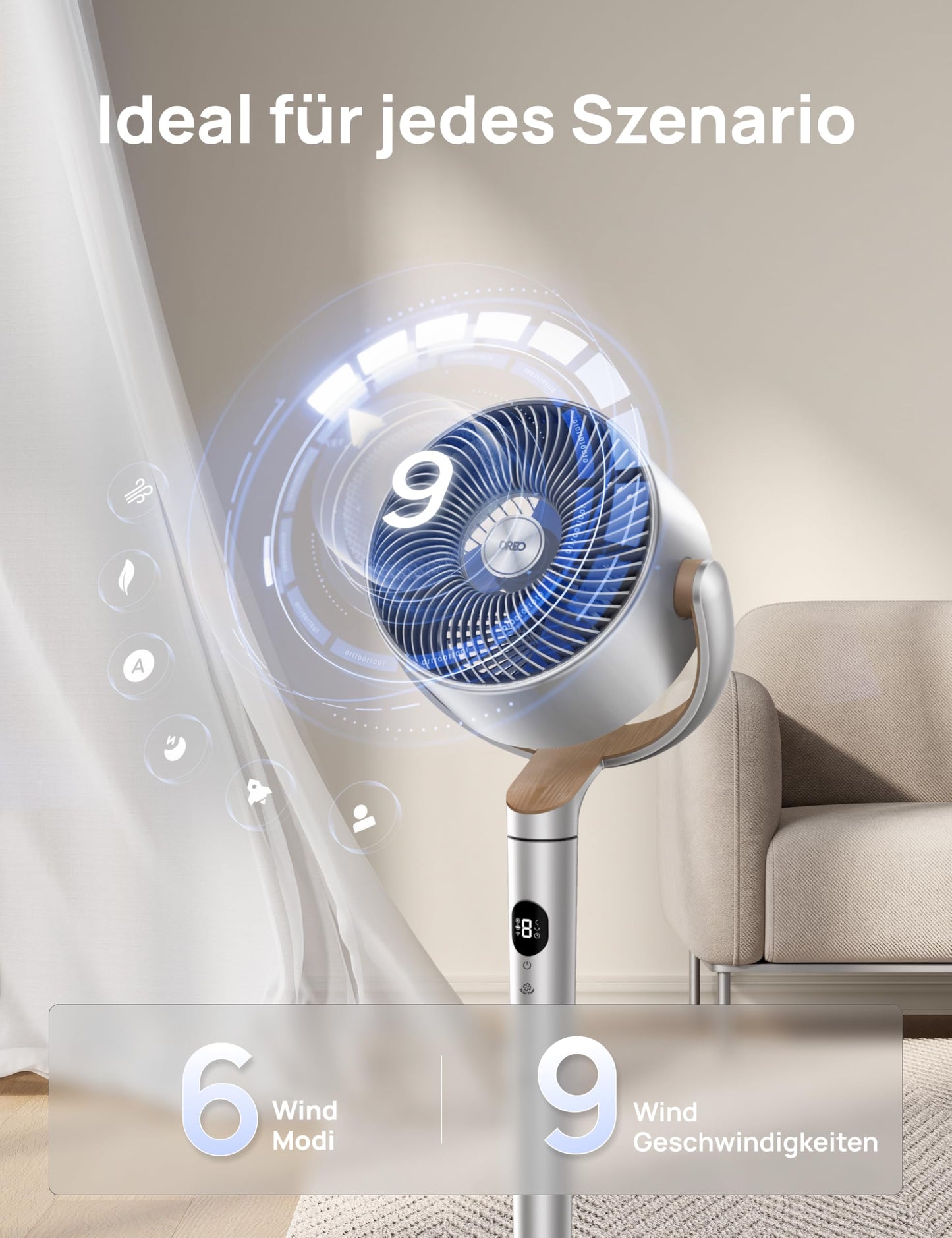DREO Smart Standventilator mit RGB Light, 120° +120° Oszillierender Ventilator mit Fernbedienung, 20dB Leiser Bodenventilator für Schlafzimmer, 8H Timer, Silber