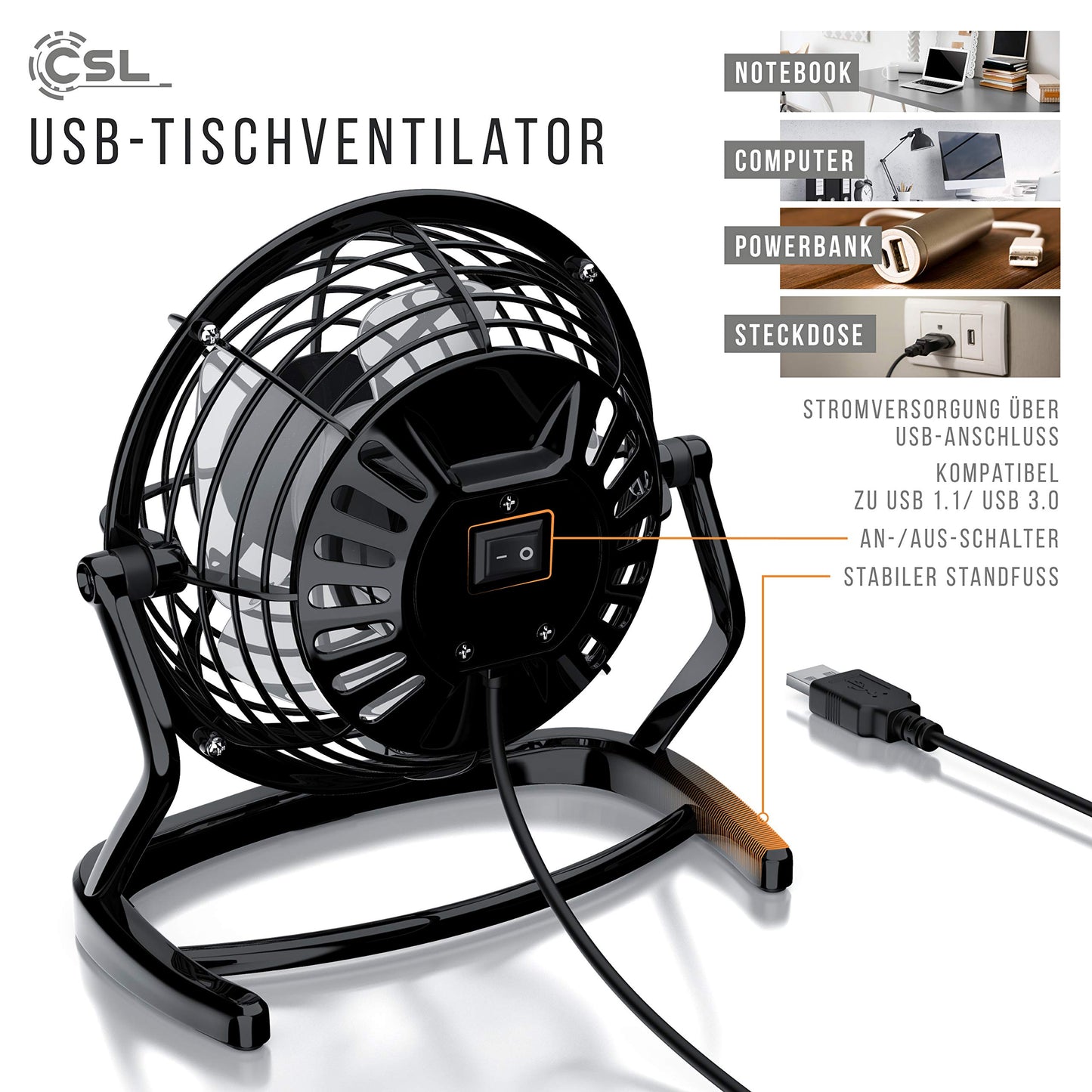 CSL - USB Ventilator - Tischventilator Fan Lüfter - optimal für den Schreibtisch inkl. An Aus Schalter - Kompatibel mit PC MAC Notebook Computer - in schwarz