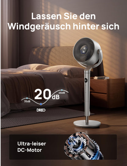 DREO Smart Standventilator mit RGB Light, 120° +120° Oszillierender Ventilator mit Fernbedienung, 20dB Leiser Bodenventilator für Schlafzimmer, 8H Timer, Silber