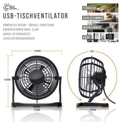 CSL - USB Ventilator - Tischventilator Fan Lüfter - optimal für den Schreibtisch inkl. An Aus Schalter - Kompatibel mit PC MAC Notebook Computer - in schwarz